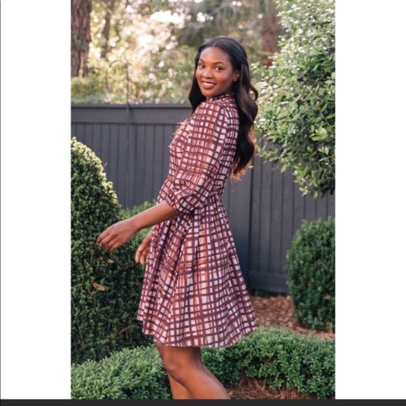 Gal Meets Glam Lindsey Dress Size 2 Purple Pink Plaid Tie Neck Pockets V Neck - Picture 3 of 15